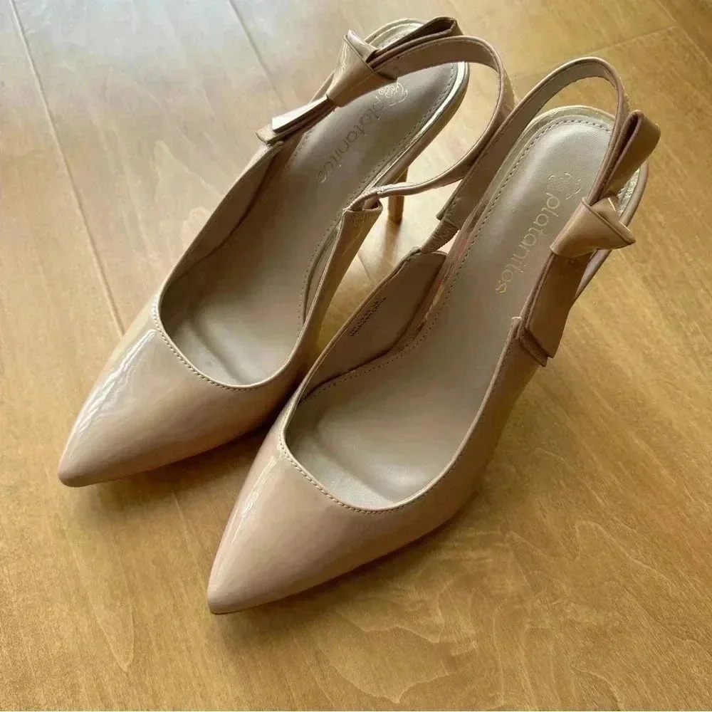 Platanitos Pointed Toe Patent Leather Heels with Bow, Nude, Size 38 (US 7)